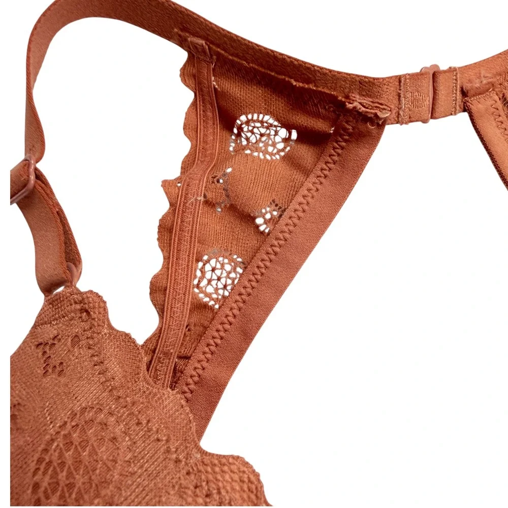 Aerie Women Terracotta Orange Floral Medallion Lace Plunge Racerback Bra 38D